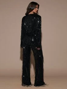 SHEIN BAE Women's Solid Color Sequin Tassel Design Fashionable Elegant Blazer - Black - View 2