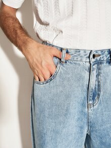 Colvenic 男士休閒寬鬆牛仔寬腿錐形長褲，附口袋 - 藍色 - 查看 2
