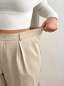 SHEIN Essnce 大尺碼女款素色百褶休閒百搭日常穿著長褲 - 杏色 - 查看 5