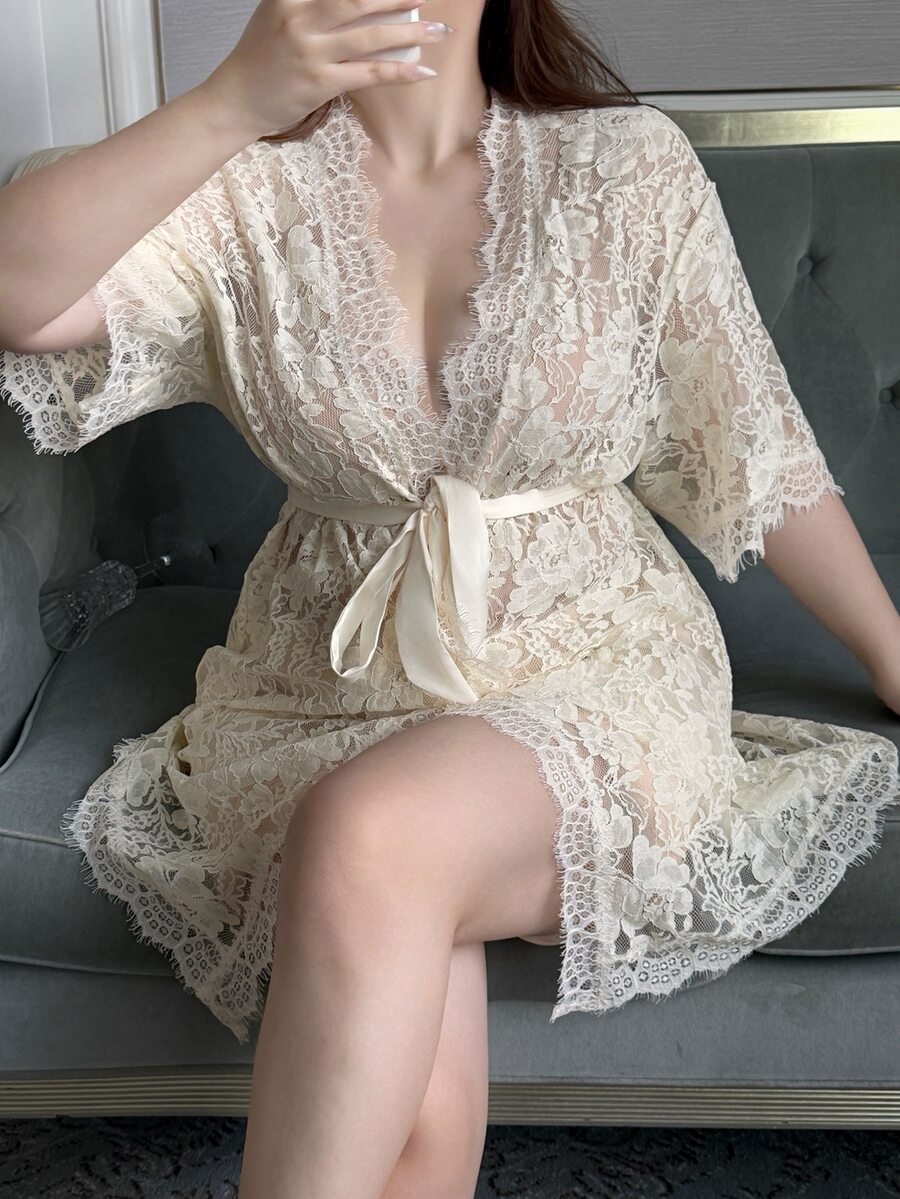 Dazy Plus Romantic Vacation Style Lace Semi-Sheer Sexy Spring Summer Autumn Loungewear Robe - Beige - View 1