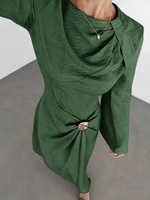 SHEIN Tall CURVE 大尺碼女款圓領長袖腰部金屬裝飾優雅連身裙 秋季 - 軍綠色 - 查看 7