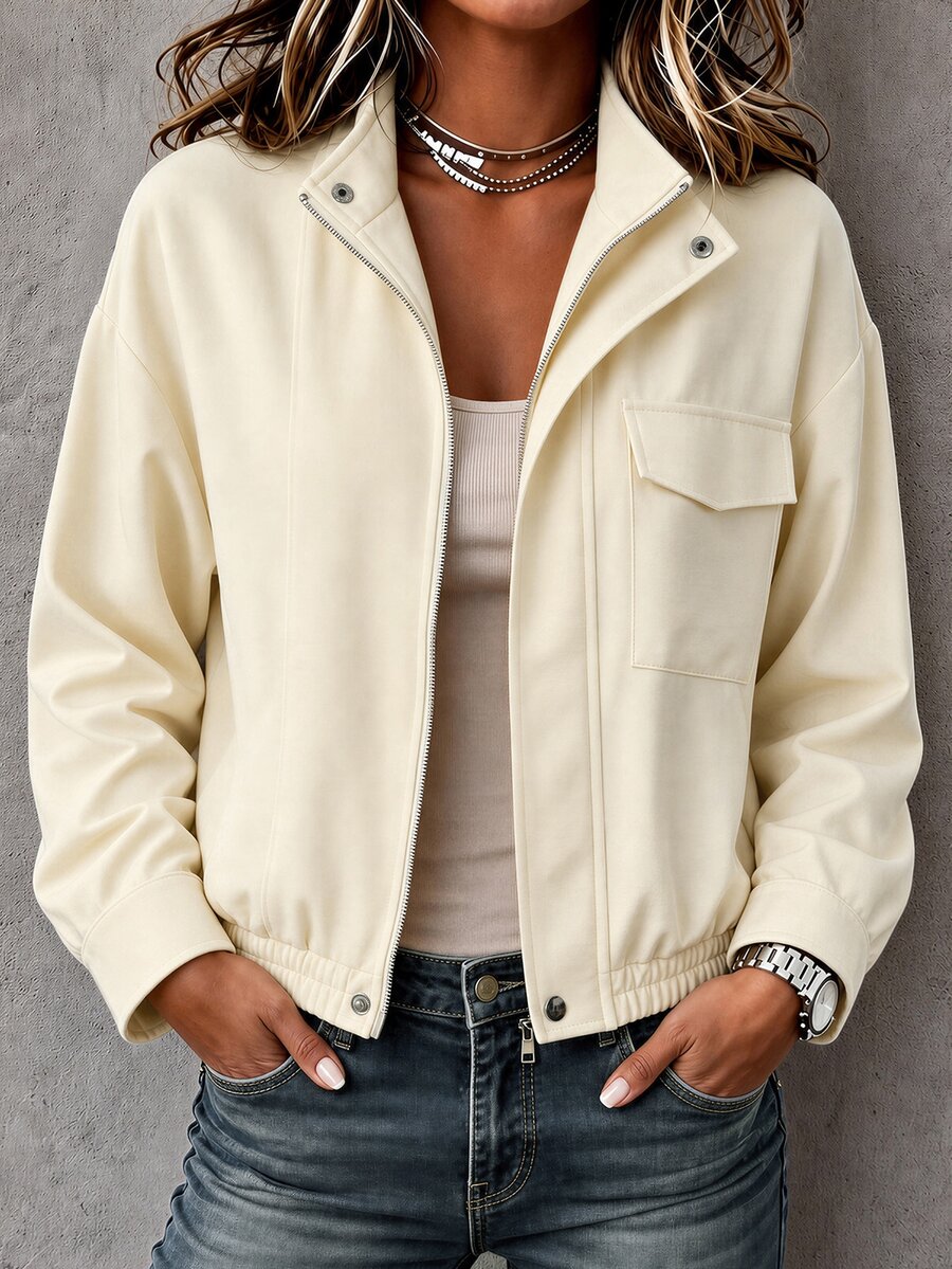 Breezaya Jaket Wanita Warna Polos, Bahu Longgar, Lengan Panjang, Resleting Depan, Saku Serbaguna, Cocok untuk Perjalanan Sehari-hari, Warna Beige, Musim Gugur, Kasual, Gaya Jalanan. - Khaki - View 1