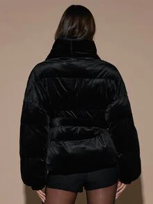 SHEIN BAE Winter Fashion Versatile Belted Warm Jacket - Black - View 2
