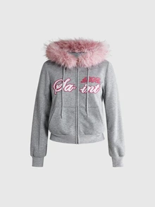 ROMWE Autumn/Winter Y2K Applique Embroidered Fur Collar Casual Women's Sweatshirt - Grey - View 1