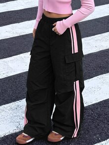 SHEIN 兒童青少年女孩長褲 春夏新款人氣多巴胺配色對比色織帶長褲 - 黑色 - 查看 1