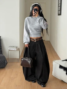 Coolane 灰色收腰女款運動衫，粉色刺繡長袖運動衫，秋季女款街頭風運動休閒穿搭 - 灰色 - 查看 7