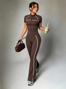 Dewbera Dewbera 2PCS Women's Sports Set Brown And White Fitted Raglan Short Sleeve Contrast Stripe Split Collar Full Zip Jacket Flare Pants Athleisure Athletic Gym - Brown - View 4