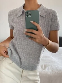 Livesso Women's Wool Blue Grey Turn-Collar Button Short Sleeve Slim Fit Ribbed Jacquard Knit Casual French Basic Top, Summer/ Office Brunch - Grey - View 6