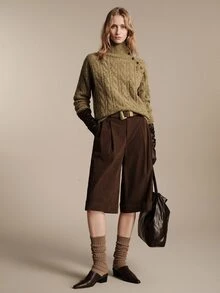 Anewsta Essential Anewsta Modern Autumn/Winter Versatile Brown Corduroy Loose Three-Quarter Length Shorts For Women - Brown - View 1