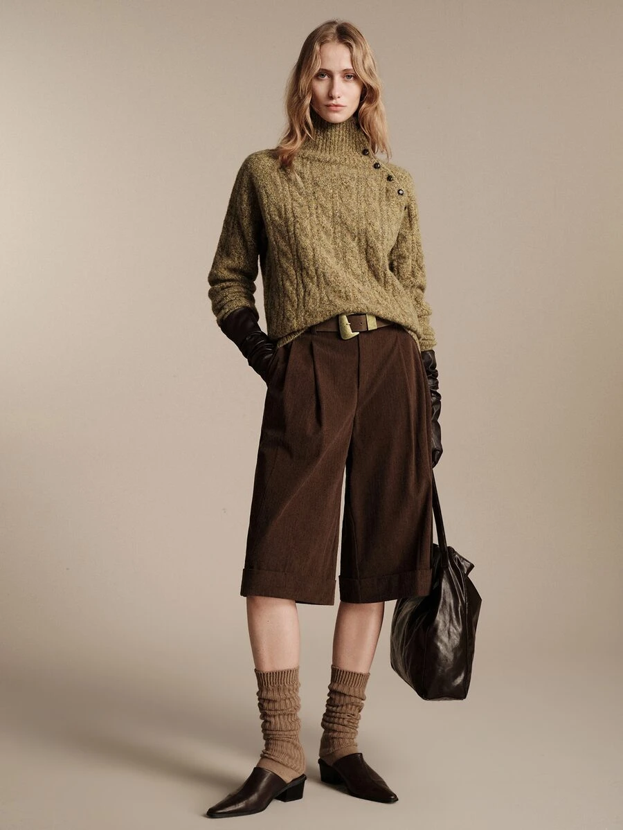 Anewsta Essential Anewsta Modern Autumn/Winter Versatile Brown Corduroy Loose Three-Quarter Length Shorts For Women - Brown - View 1