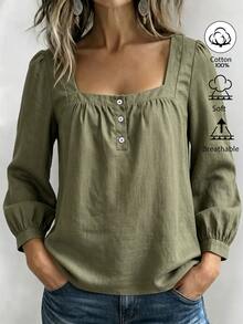 Louniche Square Neck Half Button Puff Long Sleeve Cotton Fall Winter Casual Blouse - Army Green - View 1