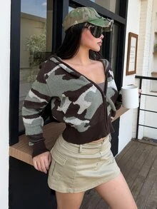 DAZY Autumn/Winter Green & Brown Camouflage Pattern Hooded Short Knit Cardigan, Casual Street Style Cool Chic Women's Sweater - Green - View 8