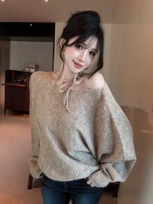 DAZY 秋冬女款優雅百搭圓領掛脖綁帶設計小眾寬鬆長袖針織衫 - 米色 - 查看 7