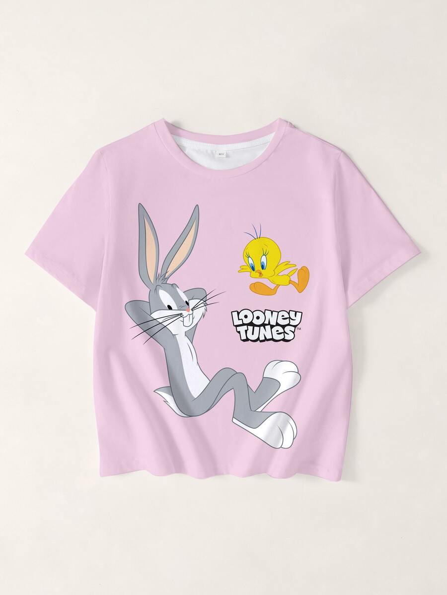 LOONEY TUNES X SHEIN 青少年女孩圓領短袖休閒百搭T恤 - 白色 - 查看 1