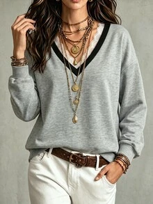 Glimmora Women's Autumn/Winter New Hot-Selling Exquisite Lace Patchwork Design Casual Versatile Sweatshirt - Grey - View 5