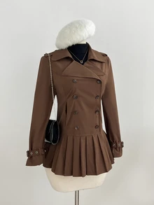 Elamini Women's Coffee Brown Double-Breasted Pleated Hem Trench Coat - Coffee Brown - View 3