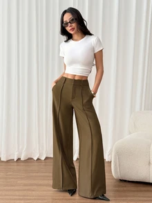SHEIN PETITE Fashionable Versatile Commuter Wide Leg Suit Pants - Green - View 7