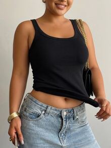 Dazy Plus Plus Size Women Solid Color Thermal Lined Thick Slim Fit All-Match Versatile Black Tank Top - Black - View 6