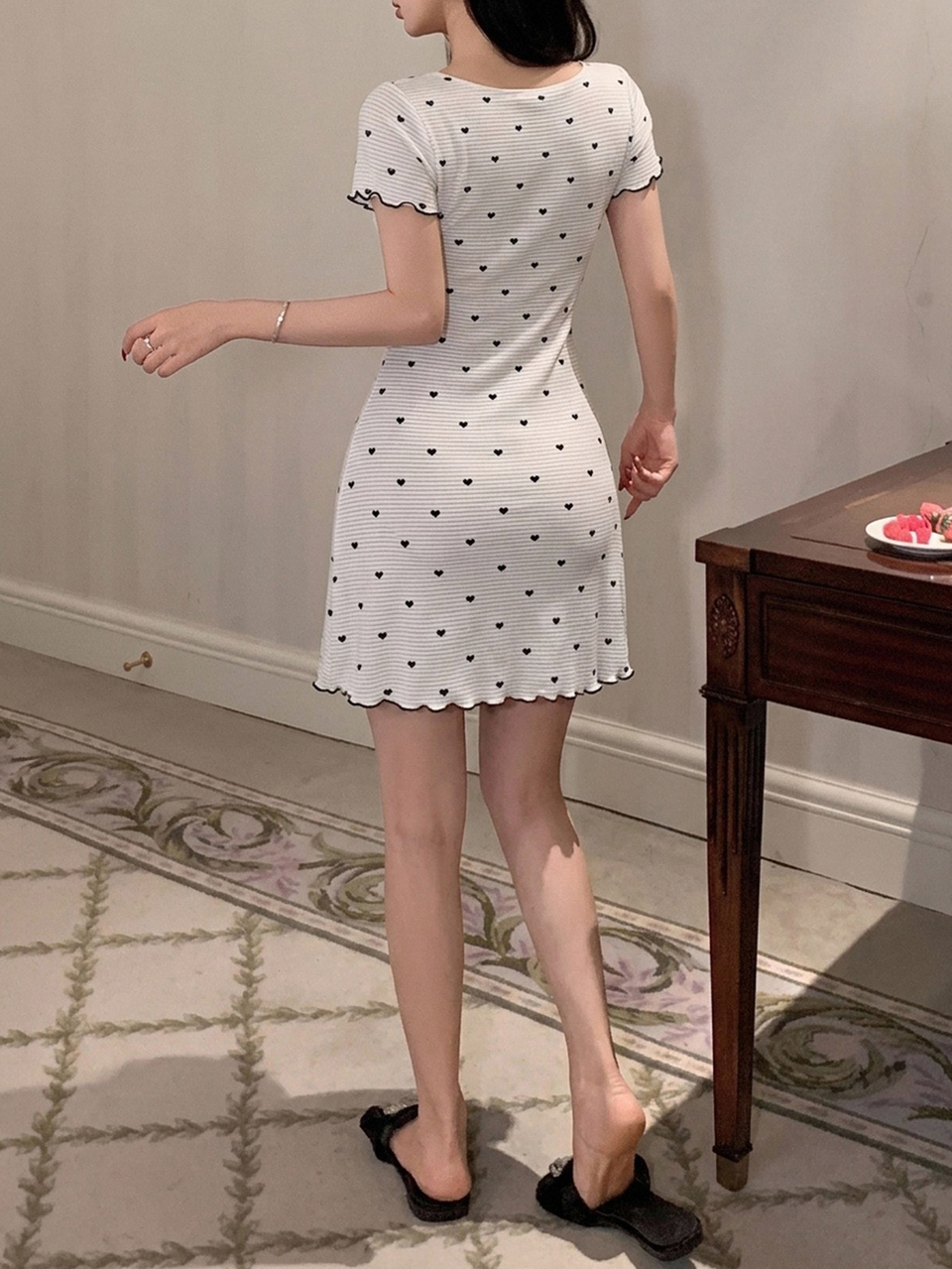 Sweet Heart Pattern Striped All-Over Print English Letter Short Waist-Cinching Dress Summer Outfit Nightgown Women's Loungewear Dress