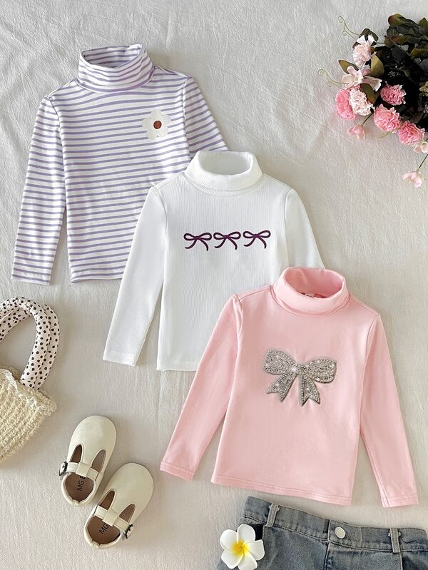 Cozy Pixies Baby Girls Baby Girl Printed Ribbed High Neck Pullover Knit Inner Layer T-Shirt 3pcs Set Casual Daily Versatile Soft Comfortable