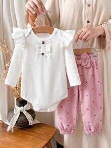 SHEIN Vintaside Kids 2件組 粉色女嬰甜心蝴蝶結紙袋腰傘狀袖連身衣褲套裝 秋季 - 粉色 - 查看 5