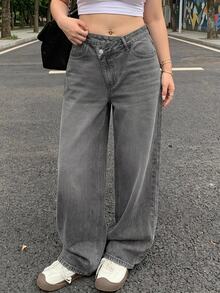Dazy Plus Korean Style Low Waist Asymmetric Waistband Straight Leg Denim Jeans - Grey - View 6