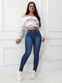 SHEIN ICON 大尺碼女款高腰口袋修身休閒牛仔褲 - 中等水洗藍 - 查看 4