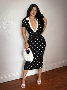 SHEIN SXY Women's Summer Casual Sexy Minimalist Fashion Commuter Brunch Style Short Sleeve Black And White Polka Dot Striped Polo Knit Dress Slim Fit Mid-Length - Black and White - View 7