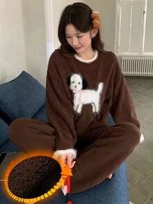 DAZY Happy Puppy Pattern Contrast Color Loose Knit 2-Piece Pajama Set For Women, Autumn/Winter - Coffee Brown - View 5