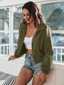 SHEIN Frenchy Jaket dengan Resleting dan Bahu Longgar untuk Musim Gugur/Dingin - Hijau Tentara - View 4