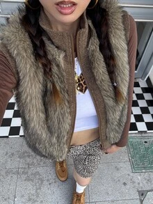 DAZY Women's Solid Color Fashion Versatile Winter Faux Fur Coat - Brown - View 1