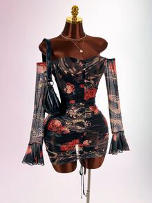 Amplova Women's Long Sleeve Mesh Mini Dress With Tattoo Pattern, Snake Skin & Rose Patchwork, Vintage Sexy Style - Black - View 3