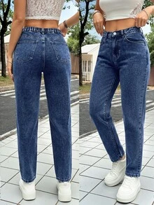 SHEIN PETITE Women's Casual Washed Tapered Jeans Fall - Dark Wash - View 1
