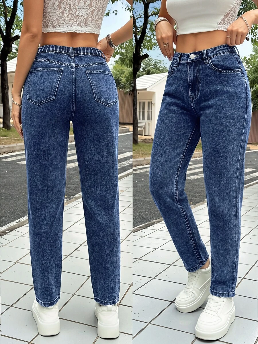 SHEIN PETITE Women's Casual Washed Tapered Jeans Fall - Dark Wash - View 1