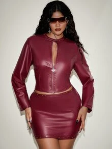 Orbivine Plus Size Studded Skirt And Top 2 Pieces Set, PU Leather Fabric, Red Winter - Redwood - View 1