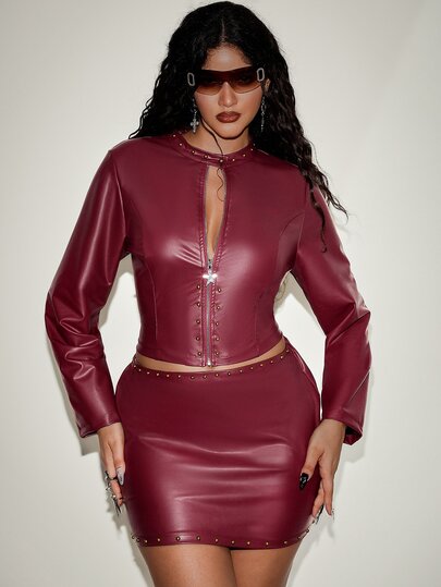 Orbivine Plus Size Studded Skirt And Top 2 Pieces Set, PU Leather Fabric, Red Winter