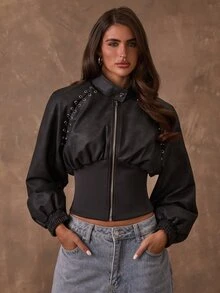 SHEIN BAE جاكيت موتو قصير من جلد PU أسود مغسول بتصميم محبوك مضلع، بياقة واقفة وسحاب وأكمام منفوخة مع تفاصيل حلقة معدنية، إطلالة سهرة ليلية للخريف والشتاء - الأسود - مشاهدة 4