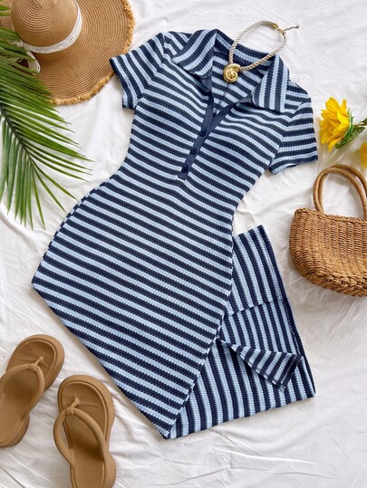 Soleia New Casual Vacation Lapel Short Sleeve Colorblock Striped Long Dress