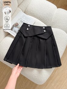 SHEIN 女童基本款黑色百褶裙，秋冬款，精緻摺疊腰部設計，棉混紡面料，適合學校、外出及多種場合 - 黑色 - 查看 4