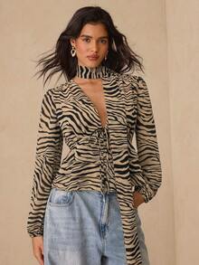 SHEIN Glamour Zebra Deep V-Neck Lantern Long Sleeved Shirt With Elegant Ribbon Decoration, Suitable For Gatherings - Brown - View 5
