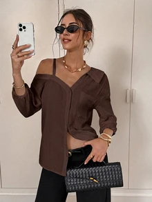 Siren Gaze Women's Spring/Fall Solid Color Asymmetric Collar Dropped Shoulder Loose Casual Elegant Chic Blouse Going Out Dark Brown - Coffee Brown - View 3