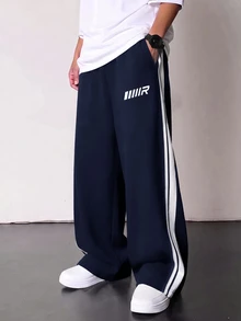 Kids Tween Boy Casual Collegiate Style Heather Grey Sweatshirt & Sweatpants Set, Suitable For Spring/Summer, Valentine's Day, Dates, Family Gatherings, Back To School, Wedding Season, Sports, Birthday Parties - Navy Blue - View 1