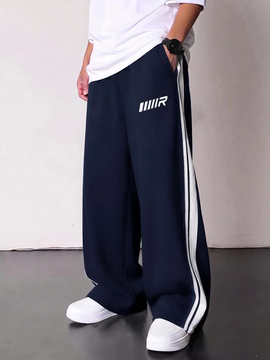 Kids Tween Boy Casual Collegiate Style Heather Grey Sweatshirt & Sweatpants Set, Suitable For Spring/Summer, Valentine's Day, Dates, Family Gatherings, Back To School, Wedding Season, Sports, Birthday Parties - Navy Blue - View 1