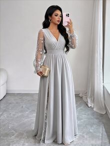Elenzga 女款優雅春夏深V領蕾絲拼接長袖高開衩洋裝，適合畢業季、度假、情人節、音樂節、母親節、感恩節、復活節、國慶日、舞會、約會派對、婚禮季、外出等場合 - 灰色 - 查看 4