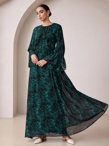 Graceveil Gaun Panjang Chiffon Bertekstur Bunga Hijau Tua dengan Hem Berlipit dan Berkerut, Leher Bulat, Lengan Mengembang Longgar, Gaya Elegan - MultiWarna - View 8