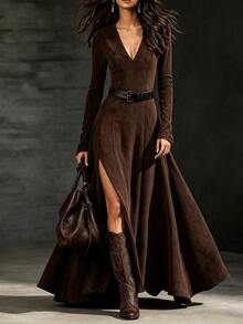 SHEIN Suede Velvet Fashion New Elegant Long Sleeve V-Neck Dress - Brown - View 4