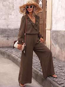 Brillora Ruffle Trim Surplice Neck Lantern Sleeve Textured Blouse & Wide Leg Pants Set,Two Pieces Set,Daily Commute,Office,Fall Clothes,Office Wear,Christmas - Brown - View 5