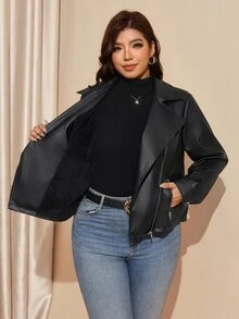 SHEIN LUNE Plus Size Women's Solid Color PU Leather Fashion Versatile Long Sleeve Jacket - Black - View 4