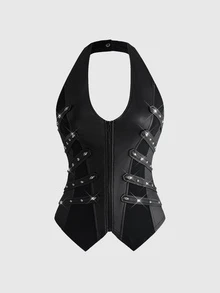 ROMWE Goth Women's Zipper Front Fashion Slim Fit Halter Neck Tank Top - Black - View 1