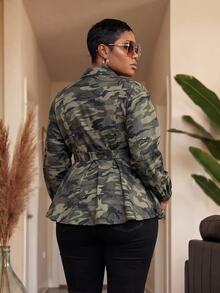 Slaydiva Spring/Autumn New Casual Streetwear Jacket For Women, Plus Size, Camouflage Pattern, Long Sleeve, Waist Splicing Ruffle A-Line Hem With Belt, Suitable For Daily Wear, Music Festival, Street, School, Back To School, Holiday, Modern Occasions - A - Army Green - View 3